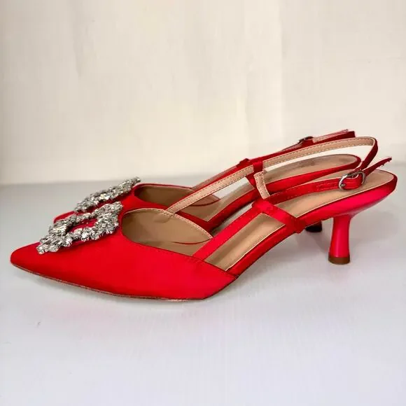Satin Kitten Heels Women's 8 Red Rhinestone Glam Coquette Prom Wedding Formal - Picture 3 of 10